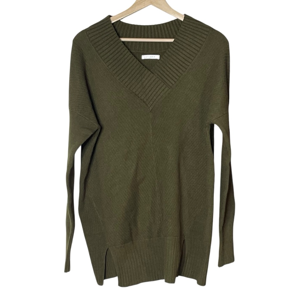 StitchDrop V Neck Long Sleeve Stretch Knit Pullover Sweater Size L Olive Green
